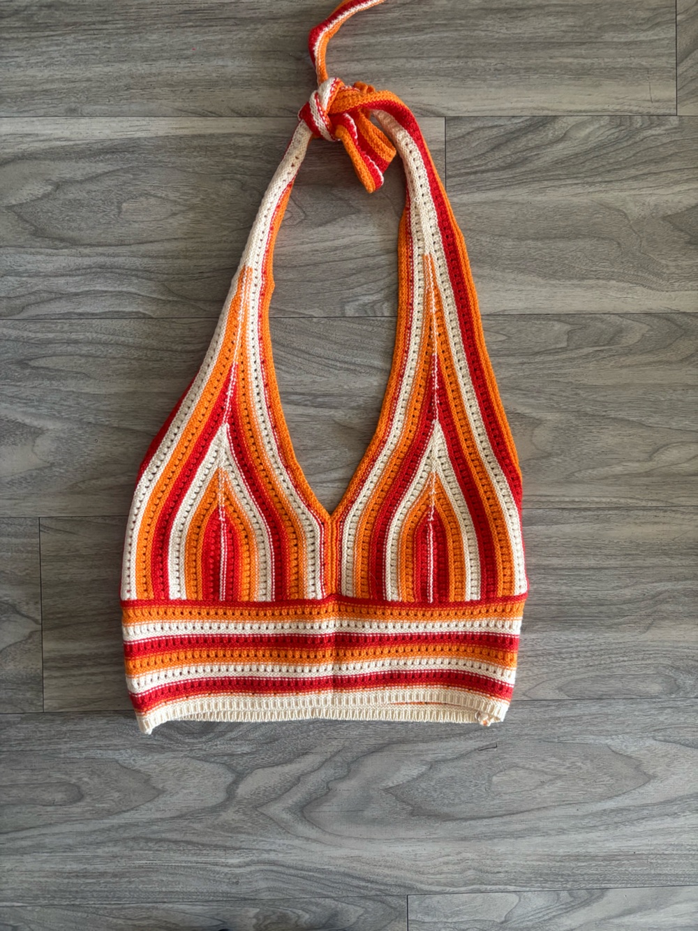 Striped Crochet Halter Crop Top in Orange, Red & Cream
